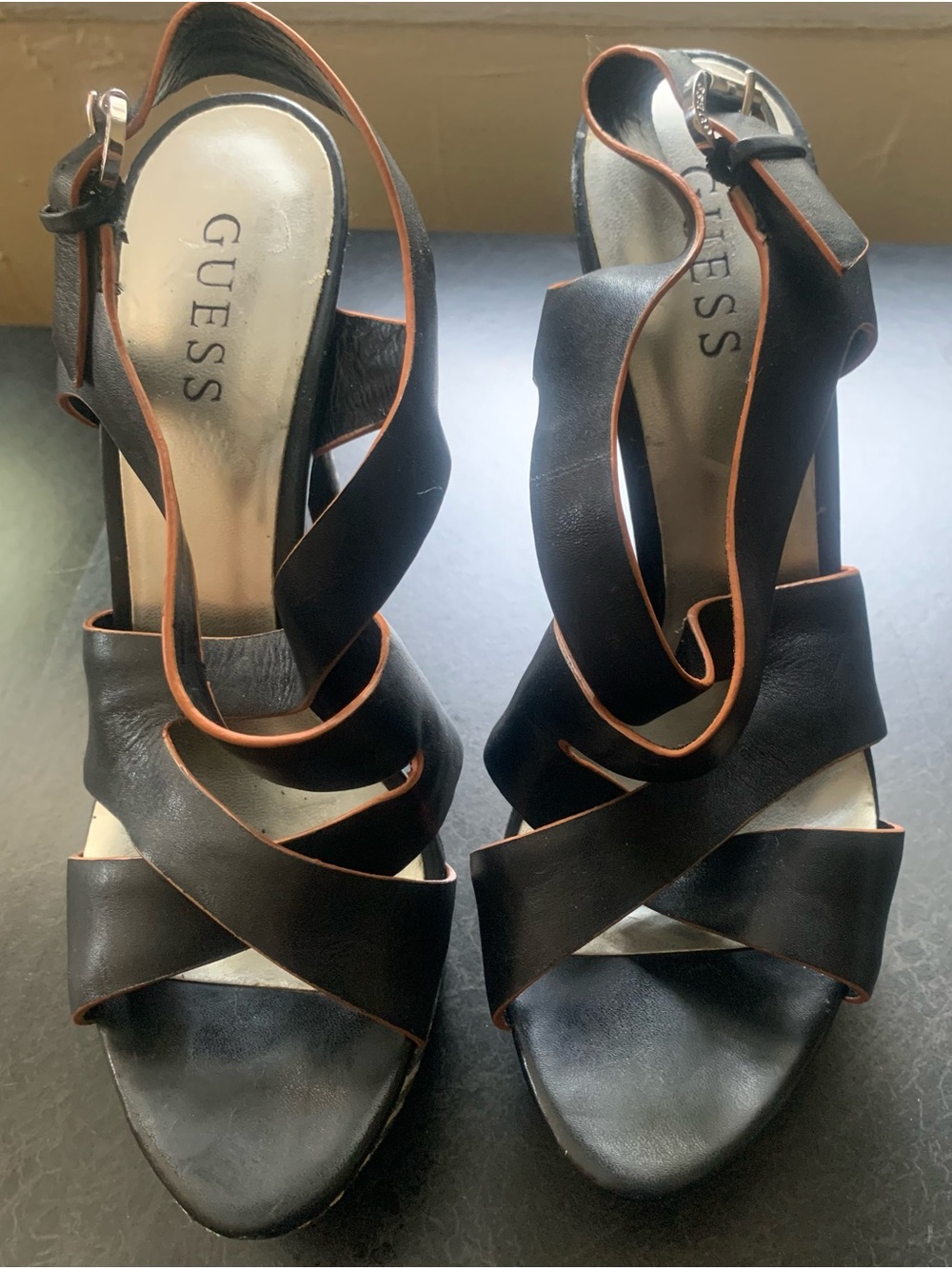 GUESS Black High Heel Strappy Sandals with Brown Trim